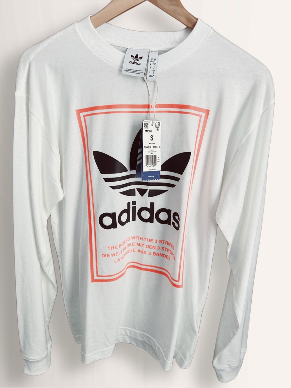 adidas White Long Sleeve Trefoil Tee with Coral Frame